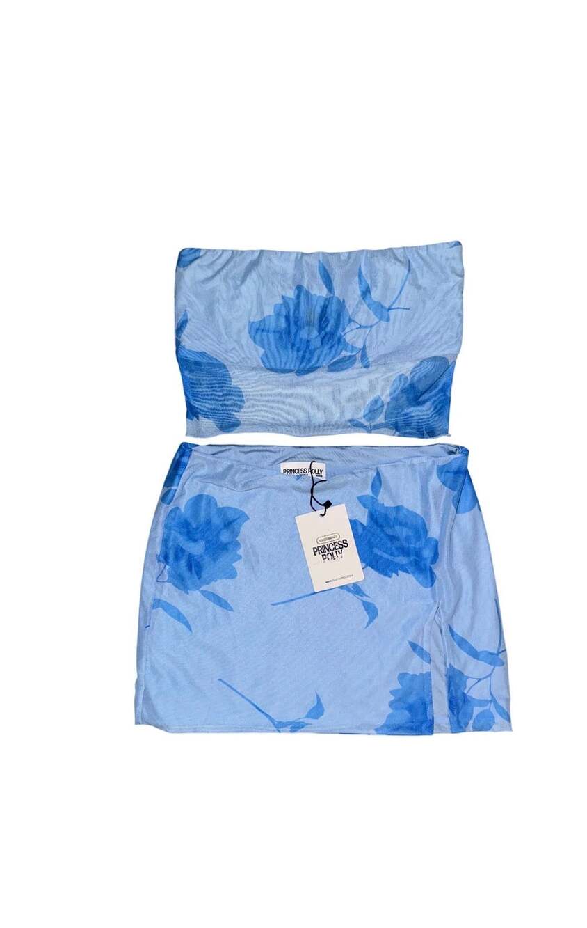 Princess Polly Corella Set Size US 4 Blue Floral Bandeau Mini Skirt Set